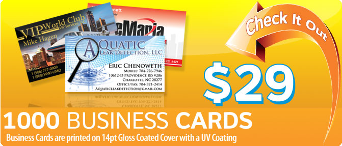 $29 1000 Business Cards printed on 14pt Gloss Coated Cover with a UV Coating