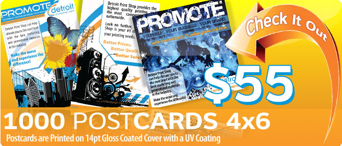 $55 1000 Postcards 4x6 printed on 14pt gloss coated cover with a UV Coating